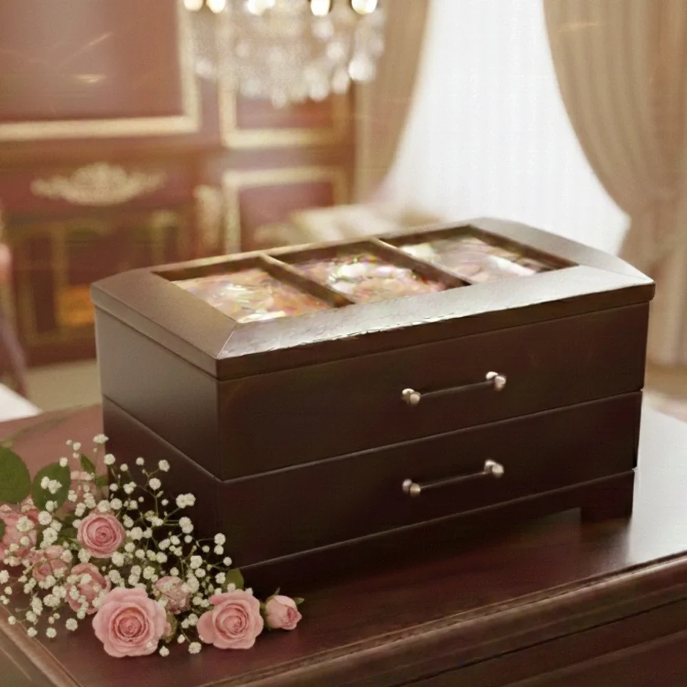 Vintage Dark Wood Jewelry Box 2-Drawer Glass Lid Trinket Organizer Picture Frame